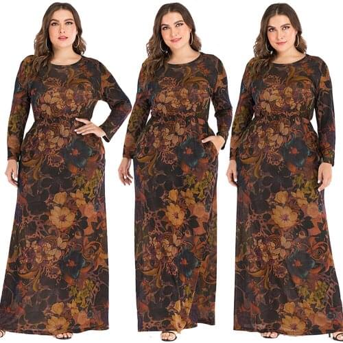 Plus Size Women Muslim Long Sleeve Maxi Dress O-Neck Kaftan Jilbab Islamic Floral Print Cocktail Abaya Long Robe Clothing New