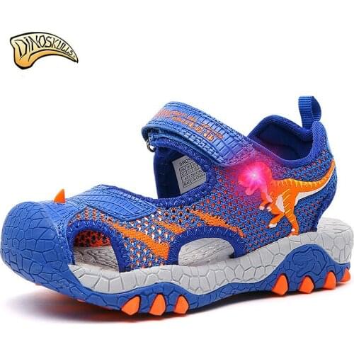 Dinoskulls Toddler Baby Boy Sandals Kids Beach Toe Closed Sandals Light Up LED Summer Shoes Children Breathable Sneakers 27-32