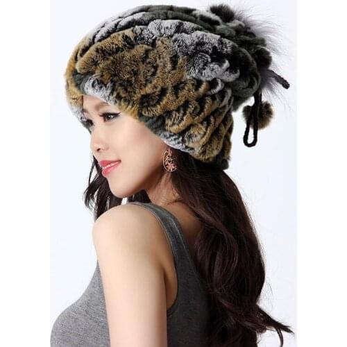 Handmade Winter Womens Genuine Natural Knitted Rabbit Fur Hats Lady Neckwarmer Beanies Caps VF0435