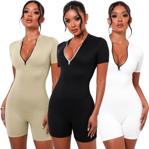 Activewear Casual Solid Jumpsuit Women Summer 2021 Sexy Zipper Deep V Neck Short Sleeve Shorts Slim Sportswear Romper Playsuit