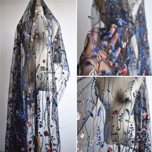1 yard Blue Heavy Embroidery Flower Mesh Tulle Fabric for Wedding Dress Formal Gown Prom Dress Black Colorful Floral Embroidered