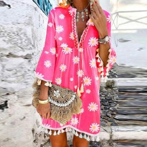 Vintage Women Floral Print A-Line Party Dress Autumn New V Neck Lace Up Tassel Mini Dress Elegant Long Sleeve Ladies Dresses 5XL