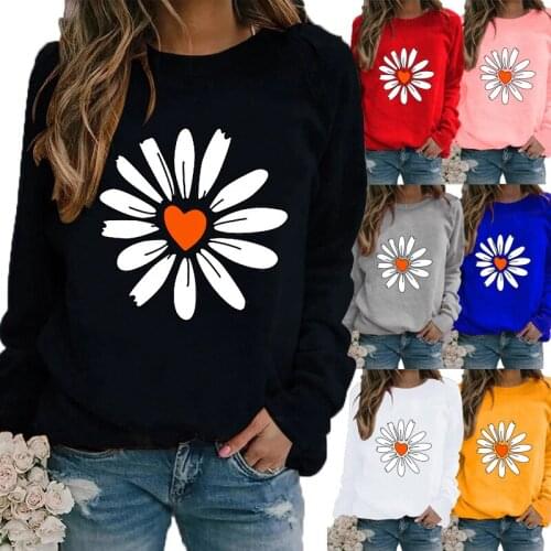 Women Autumn Winter Fashion Clothing Flower Printed Casual Sweatshirt Long Sleeve Tops T-shirt Ladies Round Neck Pullover Blouse