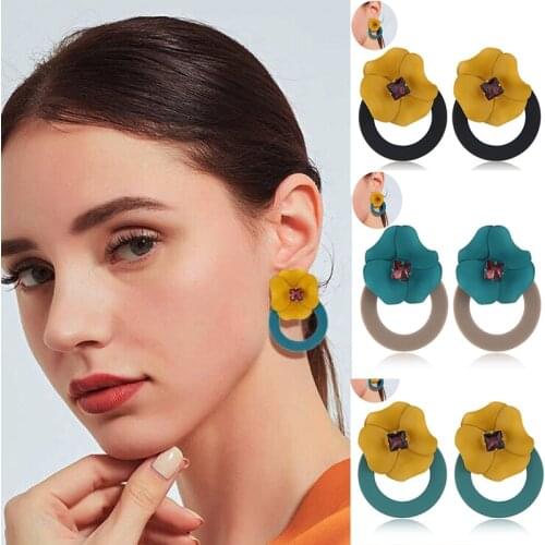 Korean Acrylic Summer Jewelry Big Flowers Hollow Round Pendant Drop Earrings For Women Handmade Candy Color Cute Earring Brincos