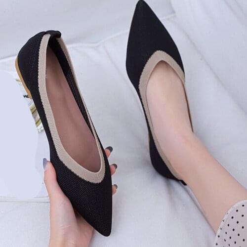 Women Flats Stretch Fabric Pointed Toe Ladies Knitted Shoes Low Heels Casual Shallow Woman Shoe Slip On Fashion 2021 New Flat
