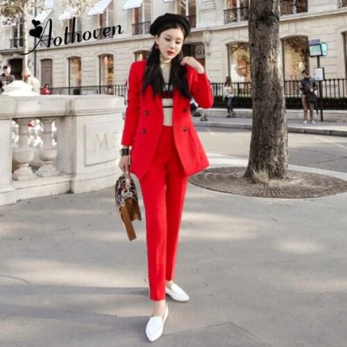 2 Piece Set Autumn Women Red Long Sleeve Turn-down Collar Elegant Party Work Top and Full Length Office Lady Pants Two Piece Set