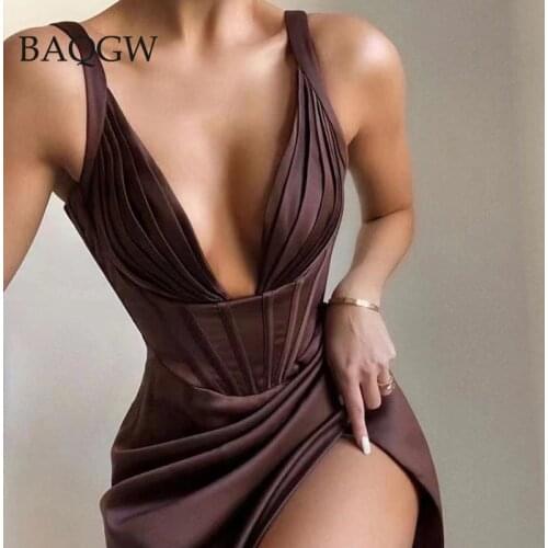 Female Elegant Summer Stretchy Satin Corset Dress Chic Slit Draped Midi Dress Festival Clothing Sexy V Neck Club Party Dresses