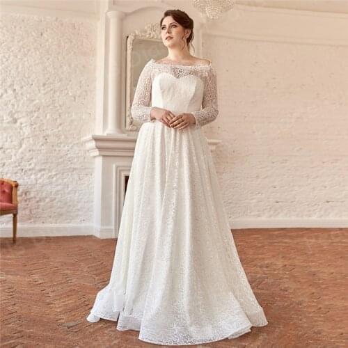 Modest Lace Wedding Dresses Robe De Mariee Plus Size Boat Neck Long Sleeves A Line Sweep Train Bridal Gowns 2021 Bride Dress