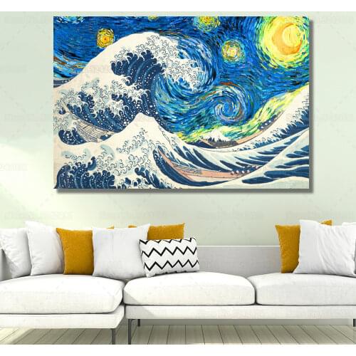Starry Night Combined The Great Wave Off Kanagawa Canvas Painting Funny Famous Painting Wall Art Poster for Living Room
