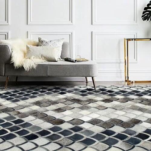 American style luxury cowhide skin handmade patchwork rug natural gray fur carpet for living room decoration hotel carpet