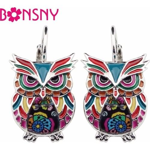 Bonsny Enamel Alloy Angry Owl Earrings French Clip Hoops Novelty Stud Animal Jewelry For Girls Women Ladies Novelty Decoration