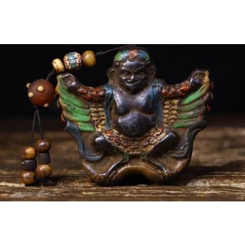 3" Tibet Buddhism Temple Natural meteorite Tracing gem Dzi Bead Roc garuda statue Pendant band magnetic Ward off evil spirits