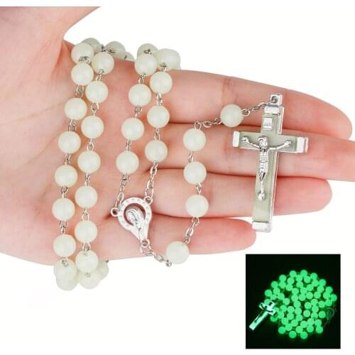 Glow In The Dark Rosary Necklace For Women INRI Crucifix Cross Pendant 8MM Beaded chains Religion faith Jewelry