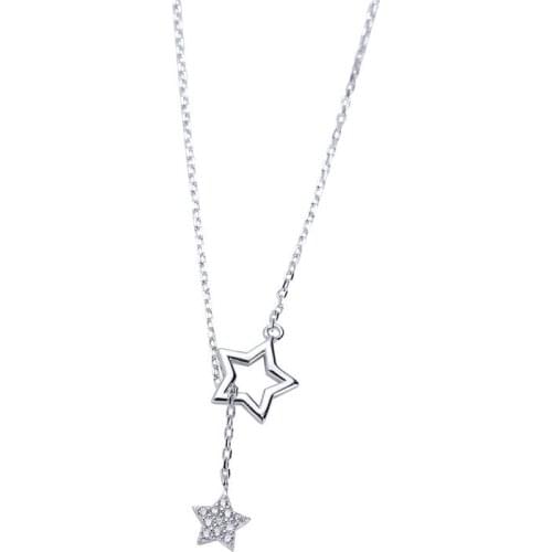 Korean 925 Sterling Silver Elegant Crystal Star Bead Charm Necklace for Women Link Chain Bride Party Jewelry dz569