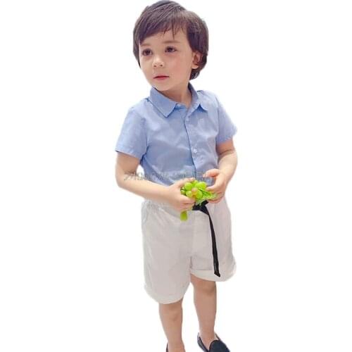 Kids Blue Shirt + White Shorts 2Pcs Clothing Set Flower Boys Formal Birthday Dress School Kids Birthday Gift Dance Suit
