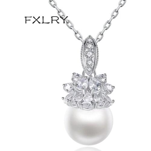 FXLRY New Design Elegant White Color Cubic Zircon Geometric flower pearl necklaces for girl to gift Jewelry
