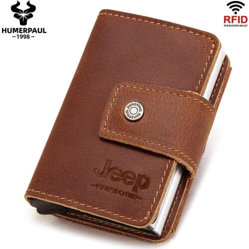 Rfid Blocking Protection Men ID Credit Card Holder Wallet Cow Leather Metal Double Aluminum Pop Up Business Bank Card Case
