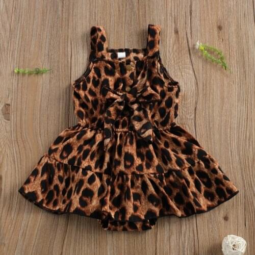 Summer Baby Girls Casual Suspender Ruffles Jumpsuits Fashion Leopard Bow Skirt Hem Triangle Bodysuits