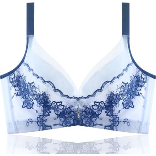 Hot Full Cup Thin Underwear Lace Bra Breasts Push Up Plus Size Adjustable Womens Soft Cups Embroidery Minimizer Bra 90 D E CUP
