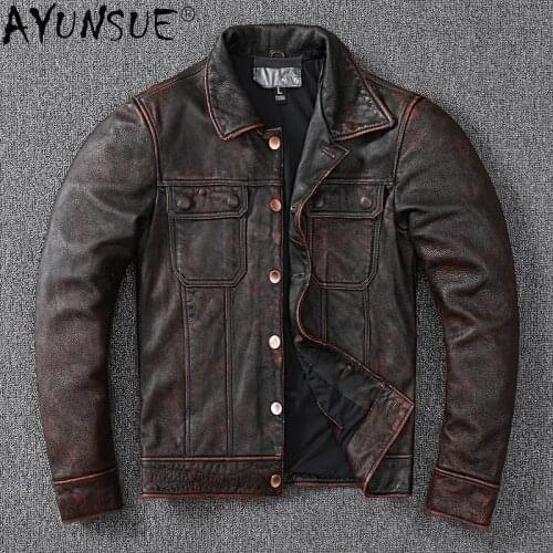 AYUNSUE Spring 2021 Genuine Leather Jacket Men Vintage Cowhide Coat Plus Size Leather Jackets Man 5xl Chaqueta De Los Hombres