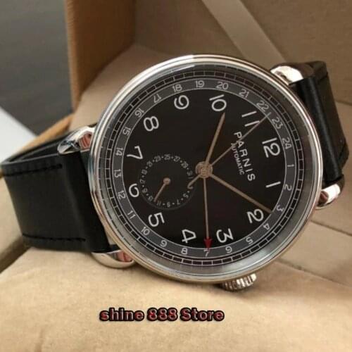 Parnis 42mm silver case black dial GMT arab mark date window solid stainless steel mens top business automatic mechanical watch
