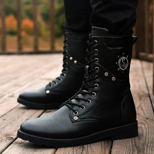 Mens Warm Winter Ankle Boots Lace Up Shoes Rhinestones Retro Punk Motorcycle Plus Size Black 2020 New