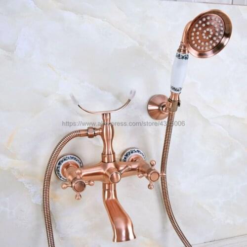 Antique Red Copper Dual Cross Handles Wall Mounted Bathtub Shower Faucet Telephone Style Tub Mixer Taps With Handshower Bna362