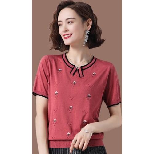 2021 New Summer Womnes Tshirt Fashion Knitted Short Sleeve Pullover Top O-neck Rib Thin Sweater Female Casual Blouse