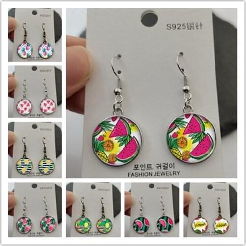 Watermelon fruit pineapple pattern star round glass cabochon earrings, jewelry earrings for girls who like fruits