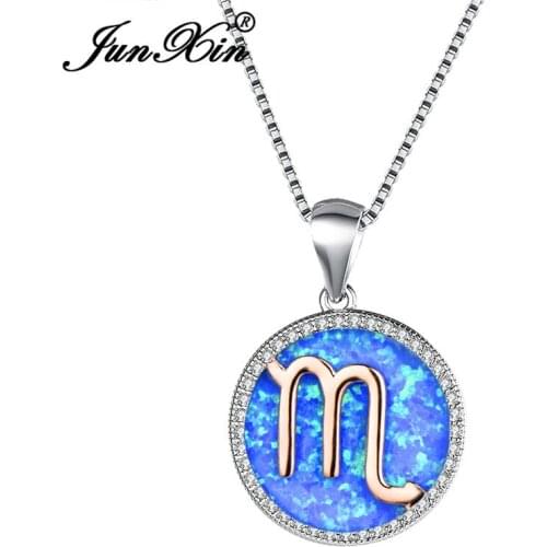 JUNXIN White Gold Filled Scorpio Pendant Necklaces For Women Round Blue White Fire Opal Necklace Female Valentine Jewelry Gift