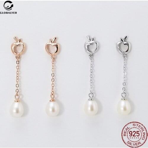 S925 Silver Pearl Apple Stud Korean Long Tassel Earrings Female Simple DIY jewelry Birthday present Free shipping 769
