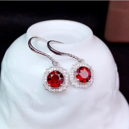 CoLife Jewelry Silver Gemstone Drop Earrings for Daily Wear 7mm Natural Garnet Earrings 925 Silver Garnet Jewelry