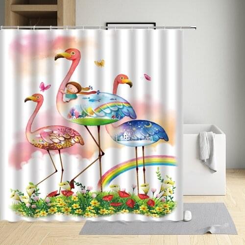 Tropical Animal Shower Curtain Flamingo Leaf Flower Bird Cartoon Modern Home Bathroom Decoration Screen Washable Cloth With Hook