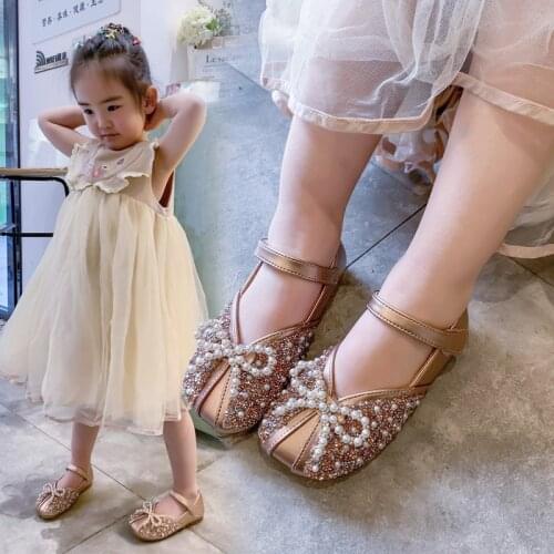 Girls Single Shoes 2021 Spring Soft-soled Kids Rhinestone Princess Shoes Bow Leather Shoes Toes Capped for Party Bow-knot Hot