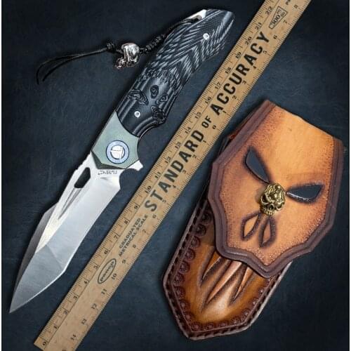 TURENZ Folding Pocket Knife 3.5in D2 Steel Blade G10 Titanium Damascus Handle EDC Self Defence Clip Hunting Knife with Sheath