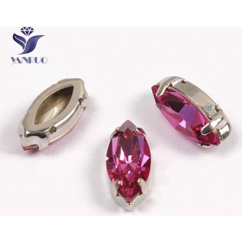 YANRUO 4200 All Sizes Fuchsia Navette Sew On Crystals Point Back Strass Glass Stones Rhinestones For Dress Ornaments