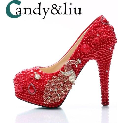 Women Large Size Red Pearl Bride Crystal Wedding Shoes Pure Handmade Ultra High Heels Nightclub Pumps for Party Phoenix Decorate