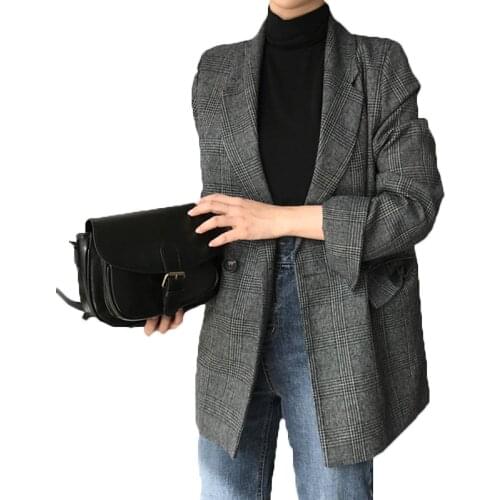 2021 Spring Autumn Plaid Blazer Women Double Breasted Long Sleeve Suit Jacket Female Casual Coat Female Blazers Outerwear X752