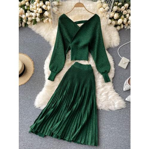 Women Korean New Style Cross V-neck Puff Sleeve Short Waist Top + Elastic High Waist Pleated Skirt Knitting Two Piece D039