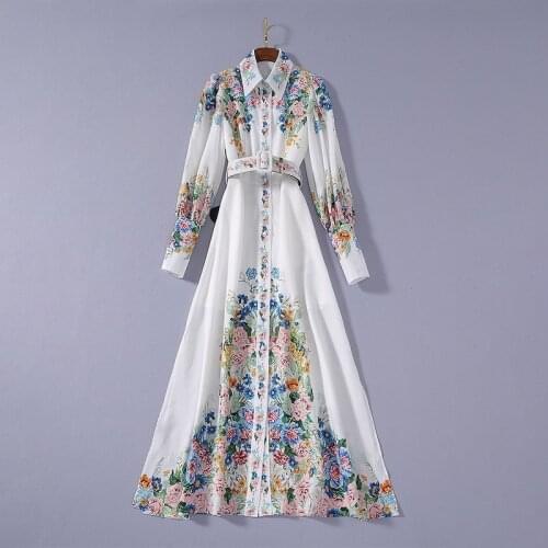 European and American womens dress 2020 summer new styles Long sleeve lantern sleeve flower print belt Fashionable slit dress