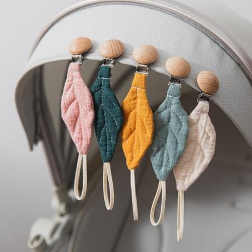 1pc Cotton Baby Pacifier Clip Chain Beech Wood Pacifier Clip Cartoon Leaves Solid Color Soother Holder Infant Teething Chain