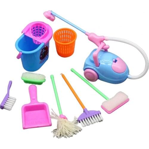 9pcs/set Dollhouse Toy Educational Mini Pretend Play Mop Broom Toys Cute Kids Cleaning Furniture Tools Kit House Clean Kids Toys