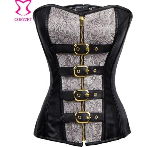 Beige/Black Leather Zipper And Buckle Steel Boned Steampunk Corset Gothic Corselet Sexy Bustier Top Women Corpete E Espartilhos