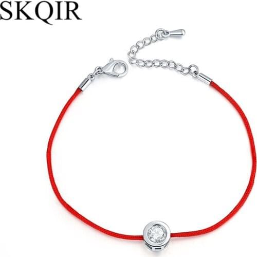 Handmade Red String Thread Rope Bracelet Clear Crystal Zirconia Pendent Bangle Silver Color DIY Bracelet For Female Jewelry Gift