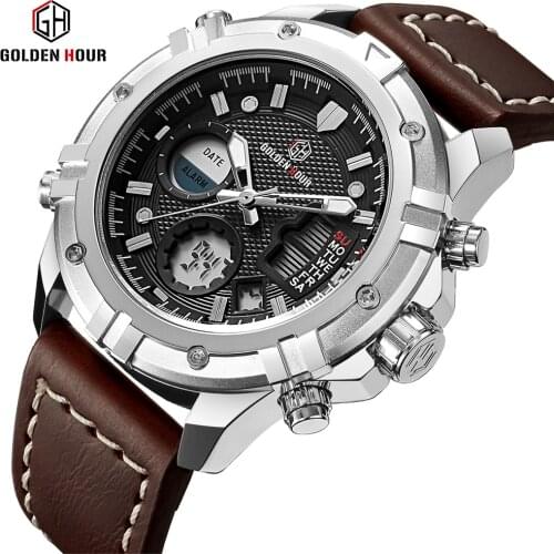 GOLDENHOUR Mens Watches Top Brand Luxury Quartz Analog Digital Watch Men Leather Military Sport Wristwatch Man Relogio Masculino