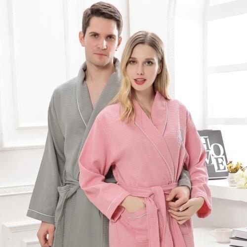 Cotton bath robe dressing gown Men Women long Sleeve Waffle Sleep Lounge Bathrobe Peignoir Nightgowns Lovers Robes summer