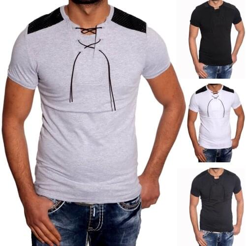 Foreign trade hot short-sleeved T-shirt leather design unique neckline casual short-sleeved T-shirt