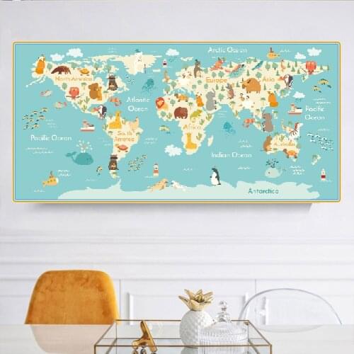 Citon Animal Ocean Cartoon World Map Canvas illustration Painting Art Poster Picture Wall Decor Modern Home Decoration For Kids