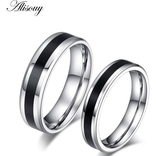Alisouy Couple Rings Titanium Steel Black&Steel Lovers Engagement Promise ring for lover Simple wedding bands for men women