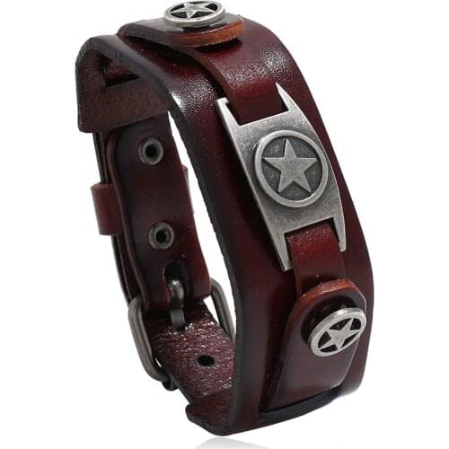 Jessingshow Brown Black Bracelet for Men Women Genuine Leather Bracelets & Bangles Five Pointed Star Alloy Accessories Jewelry
